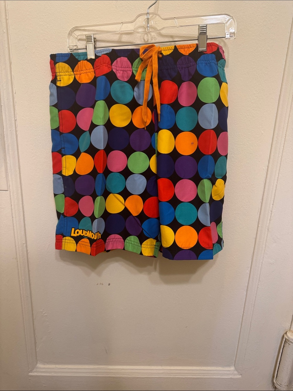 Loudmouth Rainbow Polka Dot Swim/Golf Shorts with Orange Drawstring
